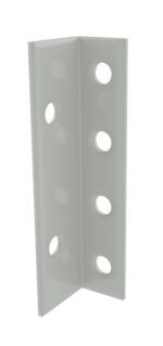 A right-angled metal bracket with five circular holes evenly spaced along each side, designed for structural support or furniture assembly. It has a smooth, light gray surface.