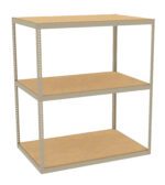 A metal shelving unit with three brown wooden shelves is pictured. The frame is light gray, and the unit is empty, showing a simple, industrial design suitable for storage or organizing items.