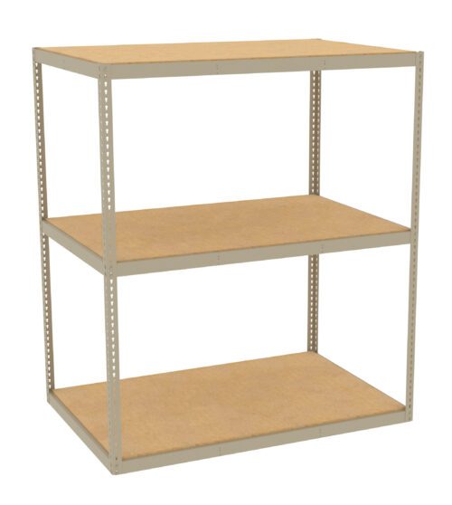 A metal shelving unit with three brown wooden shelves is pictured. The frame is light gray, and the unit is empty, showing a simple, industrial design suitable for storage or organizing items.