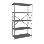 A gray metal shelving unit with five empty shelves, featuring cross-bracing for support on the back. The unit is designed for storage and is freestanding, shown against a plain white background.