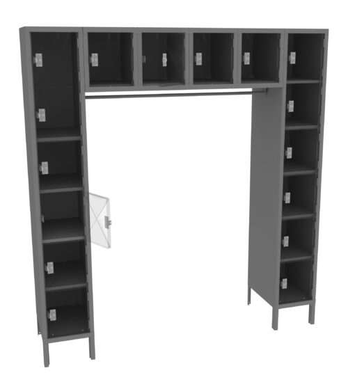 A metal locker system with multiple compartments, both vertically and horizontally arranged. Some compartments have open doors, revealing interior storage space. The structure is U-shaped, with sturdy legs and a central horizontal bar.