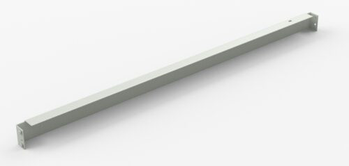 A long, thin, metallic bar with a rectangular cross-section and mounting brackets at both ends, placed on a white surface.
