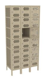 A beige metal locker with a grid design and multiple square compartments, one of which is open. Each compartment has a small door with a latch. The locker is standing on four legs.