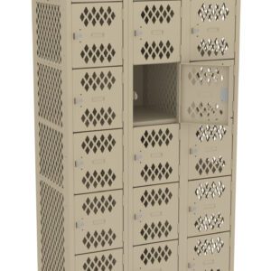 A beige metal locker with a grid design and multiple square compartments, one of which is open. Each compartment has a small door with a latch. The locker is standing on four legs.