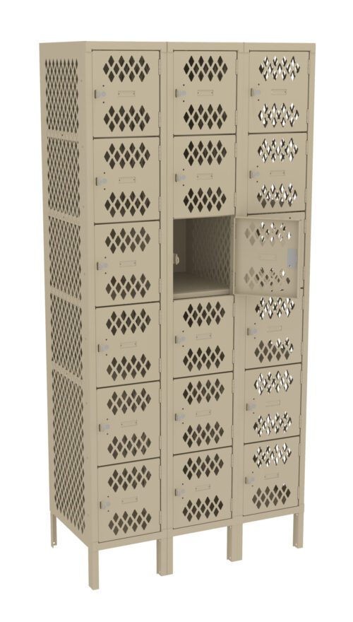 A beige metal locker with a grid design and multiple square compartments, one of which is open. Each compartment has a small door with a latch. The locker is standing on four legs.
