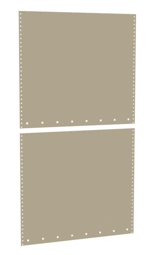 Two blank sheets of beige perforated paper are shown. They are aligned vertically with small square holes along the top and bottom edges, typically used for dot matrix or line printing. The paper sheets are separated by a small gap.