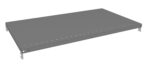 A flat, rectangular metal shelf with perforated edges and supporting notches on the sides for mounting. The shelf is gray and slightly angled to show its depth.