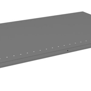 A flat, rectangular metal shelf with perforated edges and supporting notches on the sides for mounting. The shelf is gray and slightly angled to show its depth.