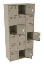 A beige locker unit with three columns and six rows of compartments, some with open doors. The lockers have small vents and individual locks.