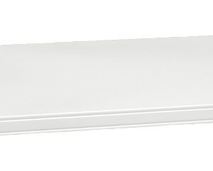 A white rectangular shelf with smooth edges and a flat surface. It appears plain and simple, designed for installation on a wall or in a cabinet. The background is completely white, highlighting the shelfs clean lines and minimalist appearance.