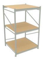A three-tier metal storage rack with beige shelves. The rack has a simple, sturdy design, suitable for industrial or garage storage. Each shelf is evenly spaced, providing ample room for storing various items.
