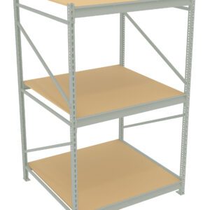 A three-tier metal storage rack with beige shelves. The rack has a simple, sturdy design, suitable for industrial or garage storage. Each shelf is evenly spaced, providing ample room for storing various items.