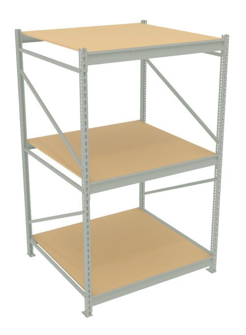 e5ojjtkwbdz7uwmfgyal.jpg A three-tier metal storage rack with beige shelves. The rack has a simple, sturdy design, suitable for industrial or garage storage. Each shelf is evenly spaced, providing ample room for storing various items.