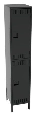 Tall, black metal locker with two separate lockable doors, one above the other, each featuring a rectangular handle and a lock mechanism. The locker stands on four small legs.