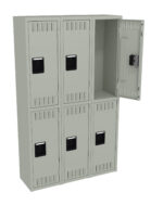 A beige, six-compartment locker unit with two rows of three. The top right locker is open, showing an empty interior. Black ventilation slots are visible on each locker door.