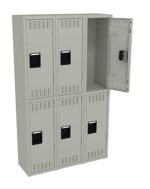 A beige, six-compartment locker unit with two rows of three. The top right locker is open, showing an empty interior. Black ventilation slots are visible on each locker door.