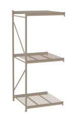 A metal shelving unit with three shelves, featuring a perforated design on two upper shelves and a wire grid pattern on the bottom shelf. The structure is supported by vertical beams with diagonal bracing on one side.