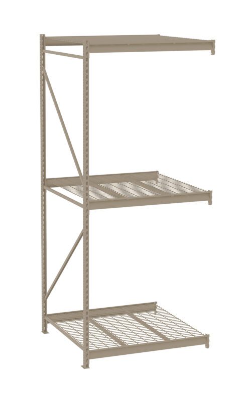 e6td1waimek1yxgaz4zd.jpg A metal shelving unit with three shelves, featuring a perforated design on two upper shelves and a wire grid pattern on the bottom shelf. The structure is supported by vertical beams with diagonal bracing on one side.
