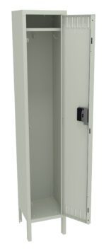 Tall, single-door metal locker with the door open, revealing a spacious interior. Features a top shelf, a hanging rod for clothes, and multiple hooks on the sides. The locker is light gray and stands on short raised legs.
