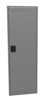 A tall, rectangular gray metal locker door with a black handle in the center. It features vented slots at the top and bottom. The door is closed, and the surface is smooth and unadorned.