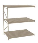 A metal shelving unit with three wide, flat beige shelves and open sides, designed for storage or organization. The shelves are supported by a sturdy frame with evenly spaced horizontal slats on each level.