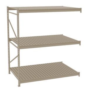A metal shelving unit with three wide, flat beige shelves and open sides, designed for storage or organization. The shelves are supported by a sturdy frame with evenly spaced horizontal slats on each level.
