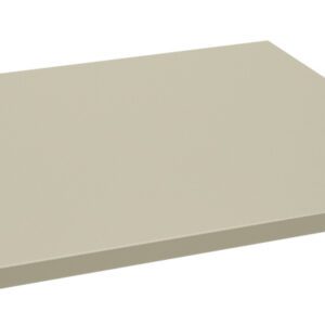 A beige, rectangular shelf with a smooth surface and clean edges, viewed from a low angle. There is a small hole on one side, possibly for mounting or support. The shelf appears simple and minimalist in design.