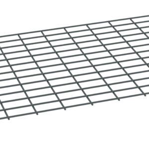 A rectangular metal grid with uniform square openings, laid out horizontally. The grid is gray and appears slightly elevated against a plain white background.