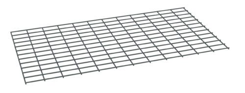 A rectangular metal grid with uniform square openings, laid out horizontally. The grid is gray and appears slightly elevated against a plain white background.