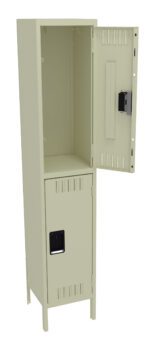 Open beige metal locker showing two compartments, one with an open door revealing a combination lock and a spacious interior. The design is simple with ventilation slots on the doors. The locker is positioned vertically against a plain background.