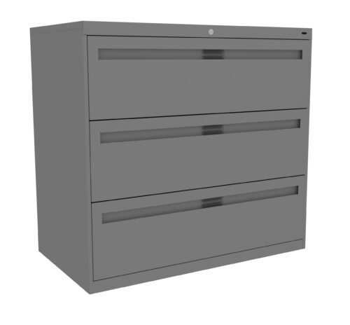 A gray, three-drawer metal filing cabinet with horizontal handles and a lock on the top drawer. The cabinet is set against a plain white background, shown at a slight angle.