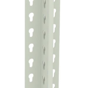 Tall, vertical, metal L-bracket with evenly spaced keyhole-shaped slots along both flanges.