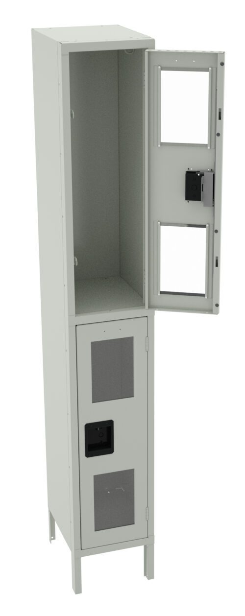 Tall, light gray metal cabinet with two compartments. The top door is open, showing an empty space, while the bottom door is closed. Both doors have ventilation panels and the cabinet stands on short legs.