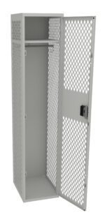 A tall, gray metal locker with a perforated diamond pattern is shown with its door open. The locker has an empty interior and a horizontal bar at the top. A lock mechanism is visible on the open door.