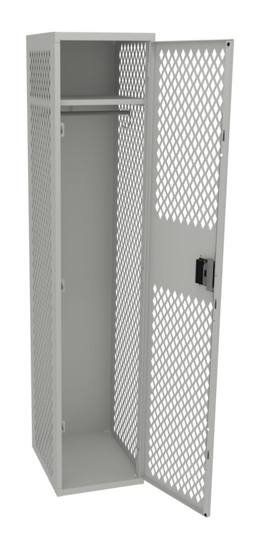 eaezbcr4bhlcw47lmbcb.jpg A tall, gray metal locker with a perforated diamond pattern is shown with its door open. The locker has an empty interior and a horizontal bar at the top. A lock mechanism is visible on the open door.