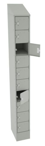 A tall, gray metal locker with a slanted top and several compartments, some with open doors. Each compartment has a lock mechanism and handle. The locker is designed for secure personal storage.