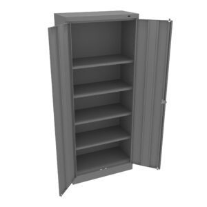 A tall, open metal storage cabinet with two doors and five empty shelves, shown in a gray color. The interior is empty, and the cabinet is set against a plain white background.