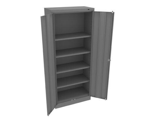 eatv8d8j6ryix9pwxit1.jpg A tall, open metal storage cabinet with two doors and five empty shelves, shown in a gray color. The interior is empty, and the cabinet is set against a plain white background.