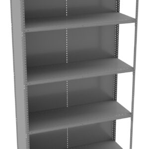 A gray metal shelving unit with five evenly spaced shelves. The unit is empty and stands against a plain white background, showcasing its construction and design suitable for storage or organizational purposes.