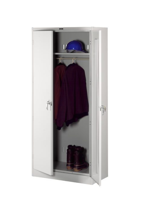 A white metal cabinet with two doors, one slightly open. Inside, a blue hard hat and two burgundy jackets hang on a rod. A pair of brown boots is on the bottom shelf. The cabinet has a simple and functional design.
