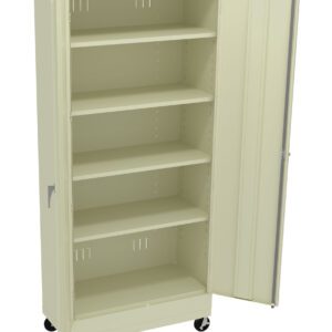 A beige metal storage cabinet with one door open, revealing five empty shelves. The cabinet is equipped with wheels at the bottom for mobility.