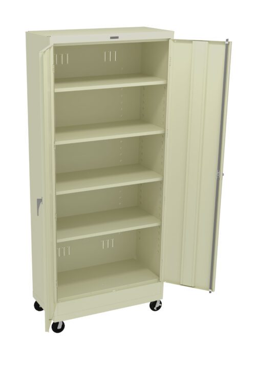 A beige metal storage cabinet with one door open, revealing five empty shelves. The cabinet is equipped with wheels at the bottom for mobility.