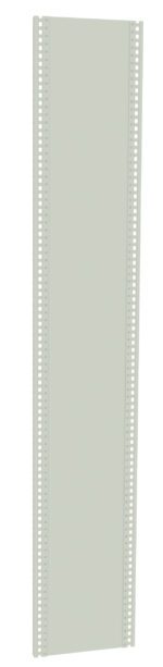 A tall, narrow, rectangular object with a light gray surface. It has evenly spaced small rectangular holes along both vertical edges, resembling a metal panel or vent cover.