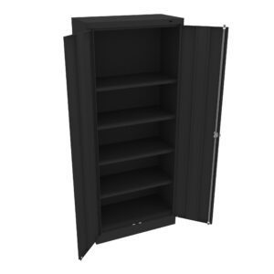 A tall, black metal cabinet with two open doors revealing five empty shelves inside.