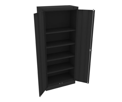 ebxqsdttesn5h4ek5yt7.jpg A tall, black metal cabinet with two open doors revealing five empty shelves inside.