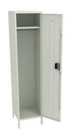 A tall, open metal locker with a single door. Inside, there is a rail for hanging items and a small shelf above. The locker is light gray with a black latch on the door.
