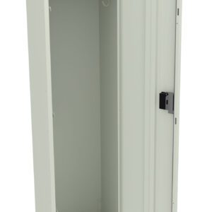 A tall, open metal locker with a single door. Inside, there is a rail for hanging items and a small shelf above. The locker is light gray with a black latch on the door.