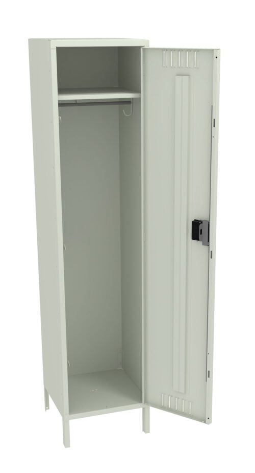 A tall, open metal locker with a single door. Inside, there is a rail for hanging items and a small shelf above. The locker is light gray with a black latch on the door.