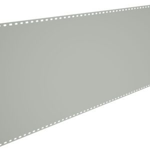 A large, blank sheet of gray perforated paper, angled slightly, with evenly spaced rectangular holes along the top and bottom edges, against a white background.