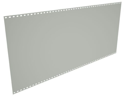 A large, blank sheet of gray perforated paper, angled slightly, with evenly spaced rectangular holes along the top and bottom edges, against a white background.